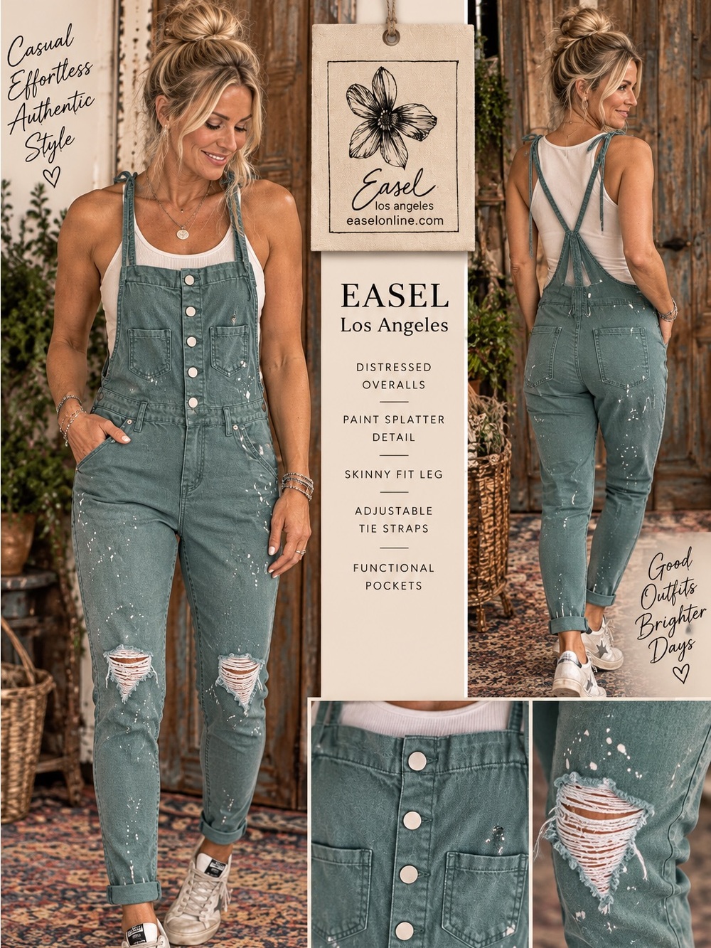Easel Los Angeles Women's Distressed Paint-Splatter Overalls in Sage